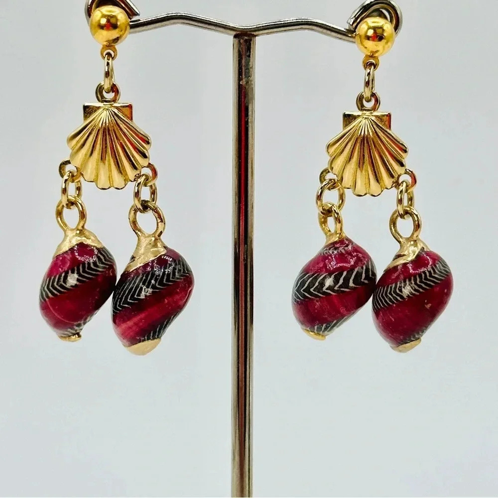 Hand Painted Small Shell Earrings in Burgundy and Gold Tone French Wire…